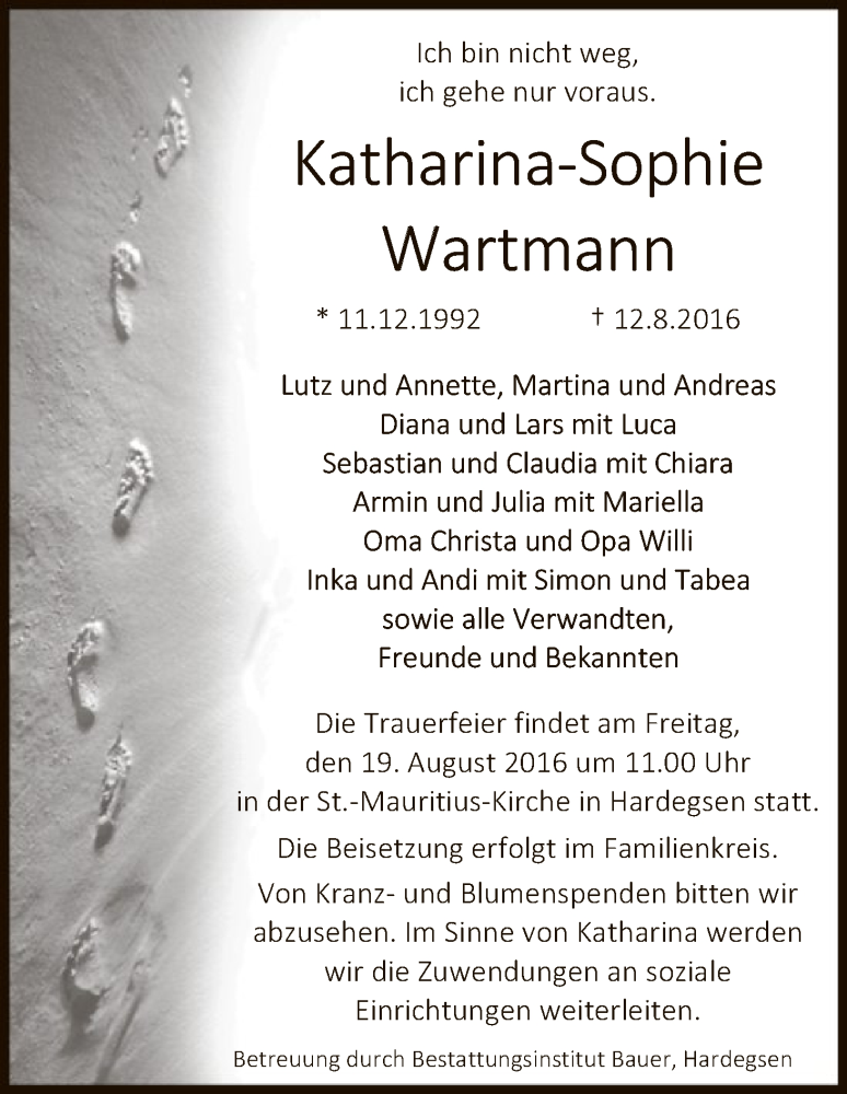  Traueranzeige für Katharina-Sophie Wartmann vom 16.08.2016 aus HNA