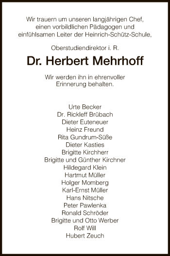 Traueranzeige von Herbert Mehrhoff von HNA