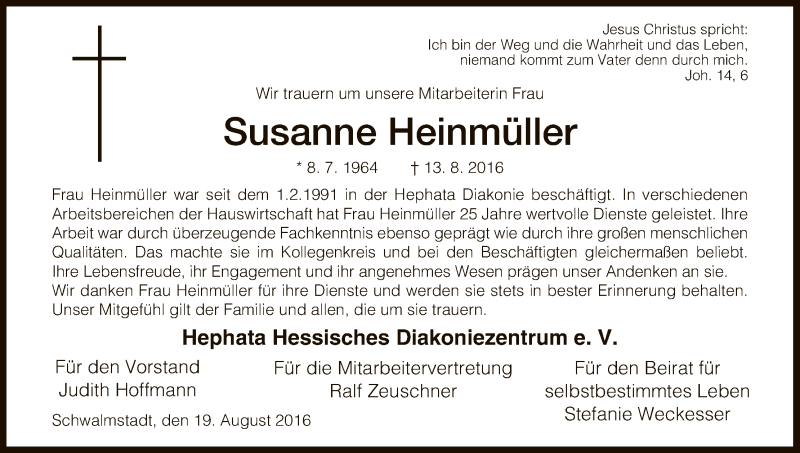  Traueranzeige für Susanne Heinmüller vom 19.08.2016 aus HNA