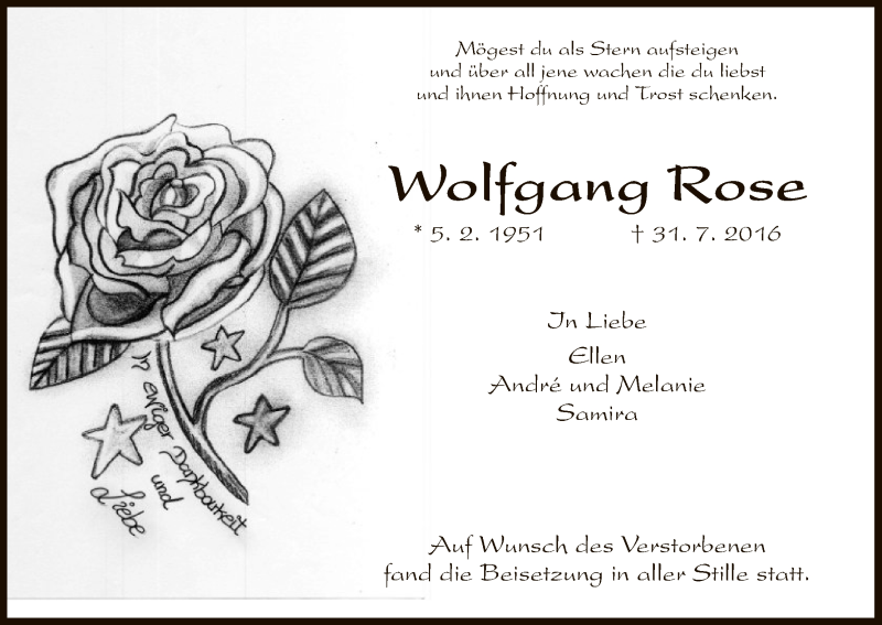  Traueranzeige für Wolfgang Rose vom 12.08.2016 aus HNA