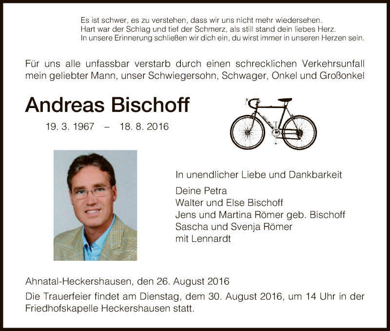  Traueranzeige für Andreas Bischoff vom 26.08.2016 aus HNA