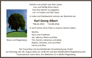 Traueranzeige von Karl Georg Albert von HNA