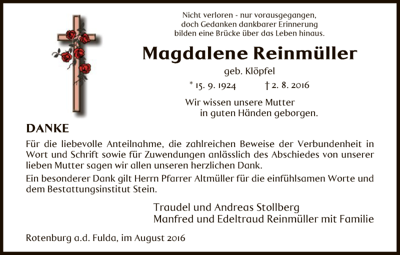  Traueranzeige für Magdalene Reinmüller vom 27.08.2016 aus HNA