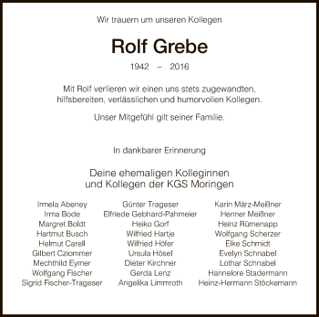 Traueranzeige von Rolf Grebe von HNA