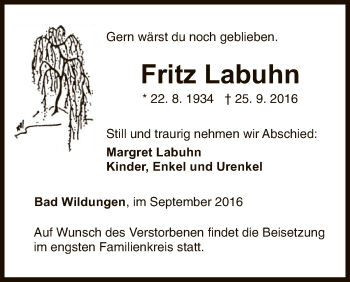 Traueranzeige von Fritz Labuhn von HNA