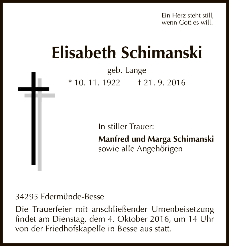  Traueranzeige für Elisabeth Schimanski vom 30.09.2016 aus HNA