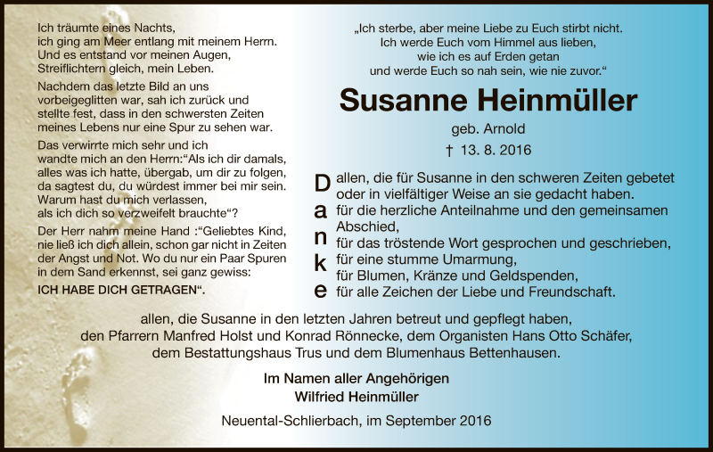  Traueranzeige für Susanne Heinmüller vom 24.09.2016 aus HNA