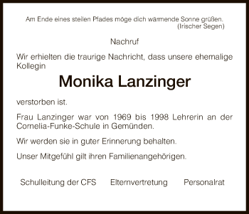 Traueranzeige von Monika Lanzinger von HNA