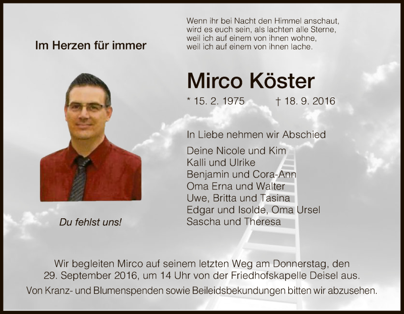  Traueranzeige für Mirco Köster vom 27.09.2016 aus HNA