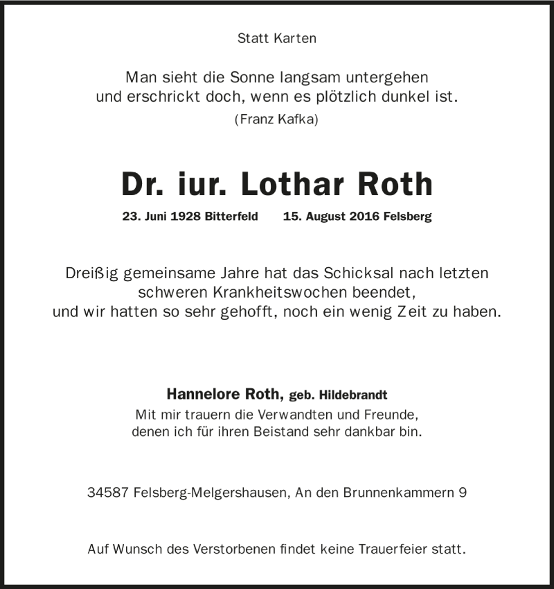 Traueranzeigen Von Lothar Roth 