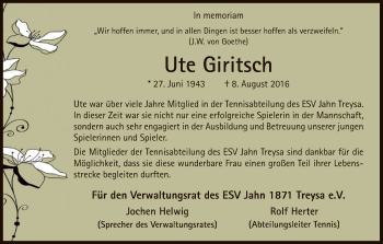 Traueranzeige von Ute Giritsch von HNA