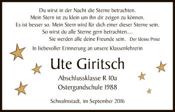 Traueranzeige von Ute Giritsch von HNA