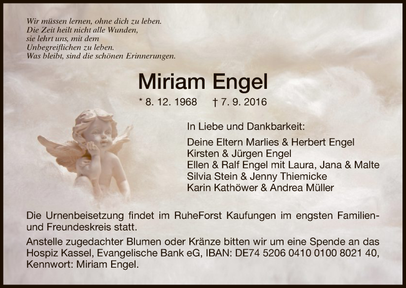  Traueranzeige für Miriam Engel vom 17.09.2016 aus HNA