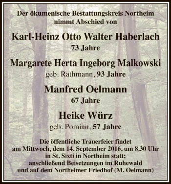 Traueranzeige von Der ökumenische Bestattungskreis Northeim nimmt Abschied von von HNA