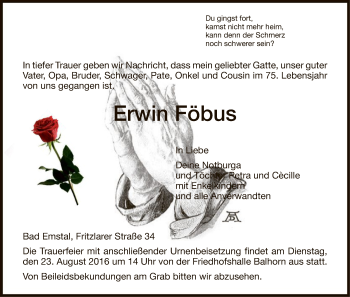 Traueranzeige von Erwin Föbus von HNA