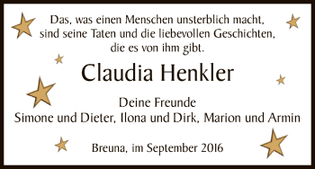 Traueranzeige von Claudia Henkler von HNA