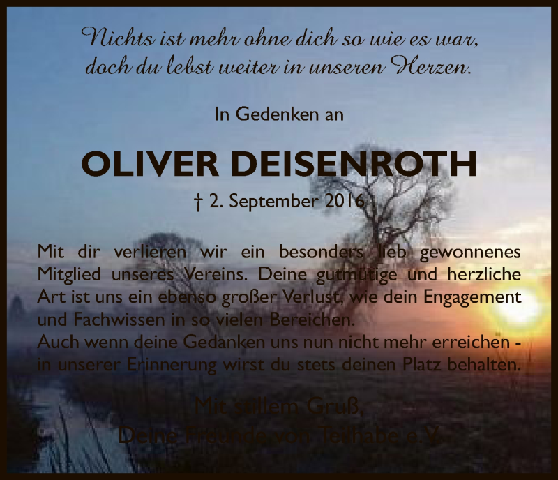  Traueranzeige für Oliver Deisenroth vom 07.09.2016 aus HNA