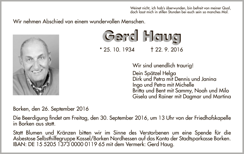  Traueranzeige für Gerd Haug vom 26.09.2016 aus HNA