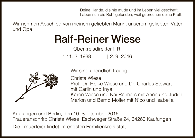  Traueranzeige für Ralf-Reiner Wiese vom 10.09.2016 aus HNA