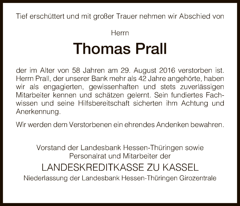  Traueranzeige für Thomas Prall vom 06.09.2016 aus HNA