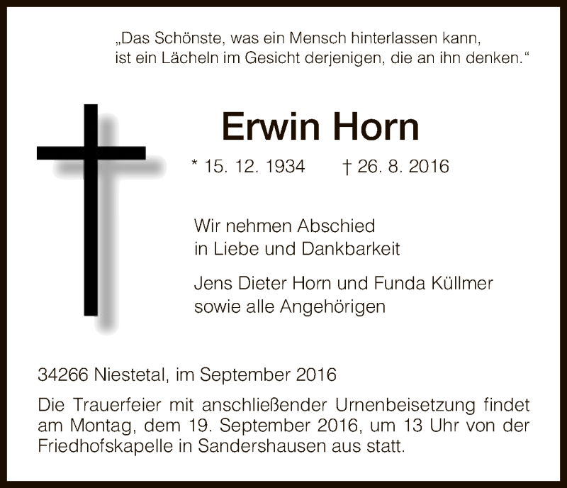  Traueranzeige für Erwin Horn vom 14.09.2016 aus HNA