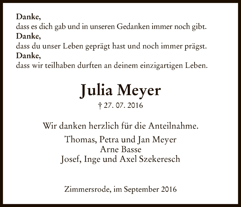  Traueranzeige für Julia Meyer vom 03.09.2016 aus HNA