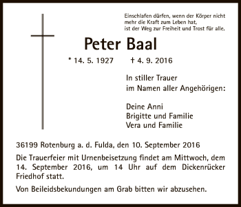 Traueranzeige von Peter Baal von HNA