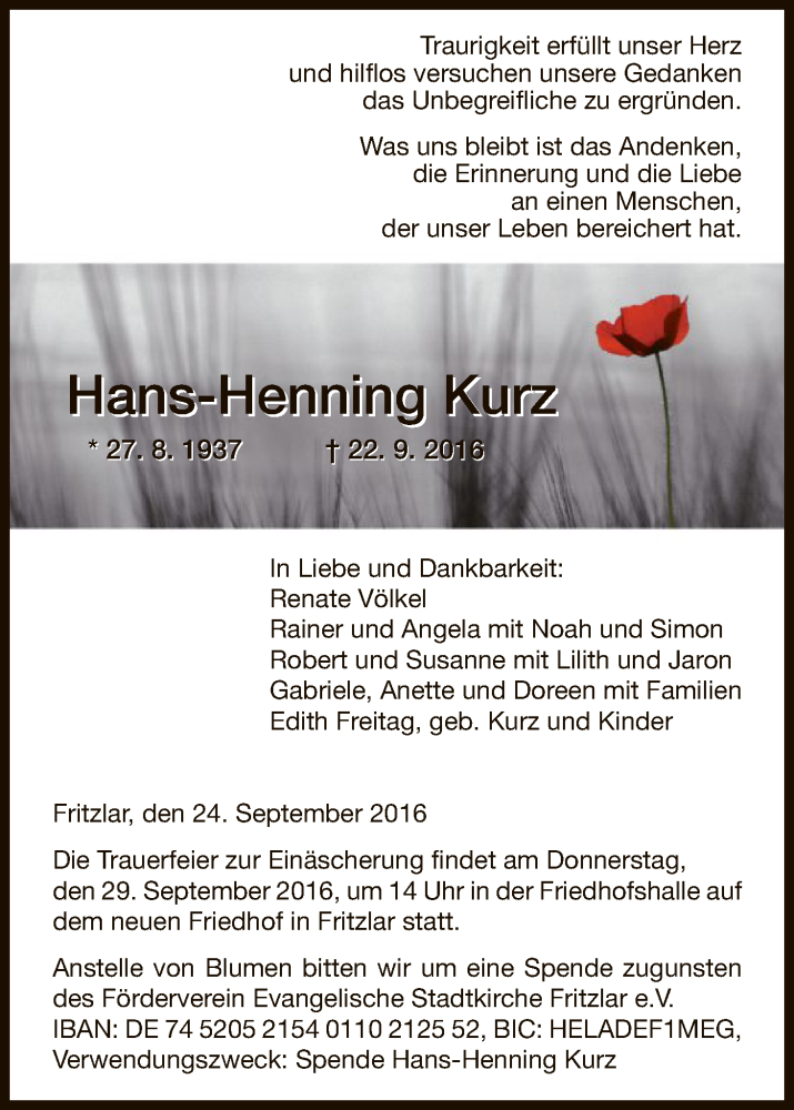  Traueranzeige für Hans-Henning Kurz vom 24.09.2016 aus HNA