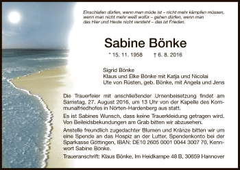 Traueranzeigen von Sabine Bönke | Trauer.HNA.de