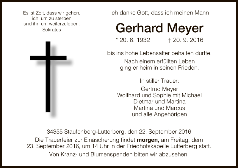  Traueranzeige für Gerhard Meyer vom 22.09.2016 aus HNA