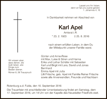 Traueranzeige von Karl Apel von HNA