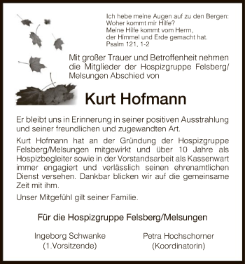 Traueranzeige von Kurt Hofmann von HNA