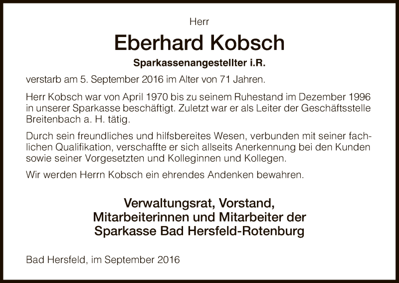  Traueranzeige für Eberhard Kobsch vom 10.09.2016 aus HNA