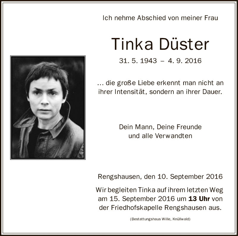 Traueranzeigen Von Tinka Düster | Trauer.HNA.de