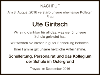 Traueranzeige von Ute Giritsch von HNA