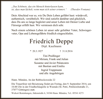 Traueranzeige von Friedrich Deppe von HNA