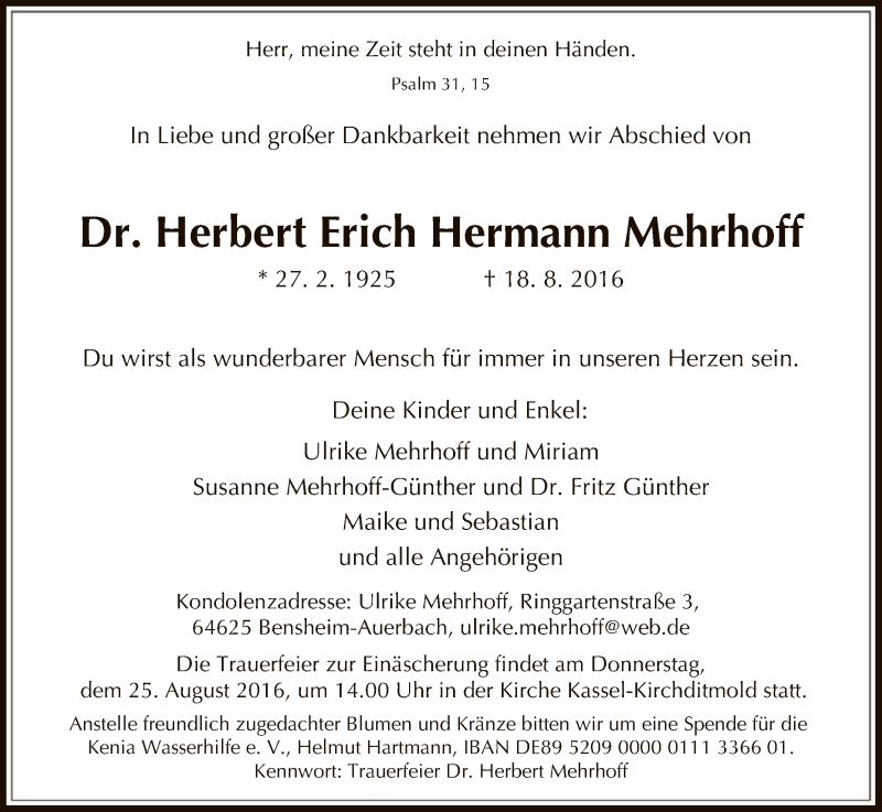  Traueranzeige für Herbert Erich Hermann Mehrhoff vom 20.08.2016 aus HNA