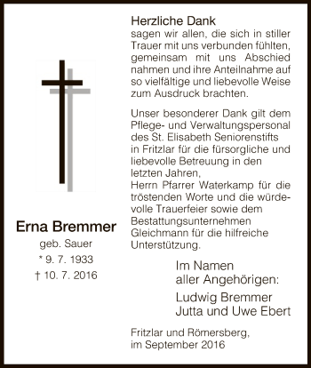 Traueranzeige von Erna Bremmer von HNA