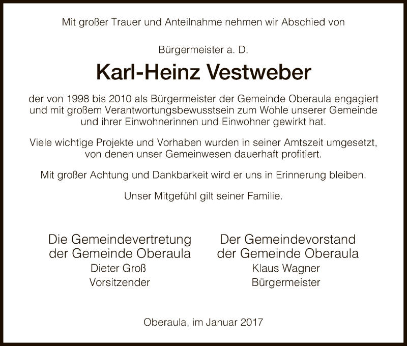  Traueranzeige für Karl-Heinz Vestweber vom 21.01.2017 aus HNA