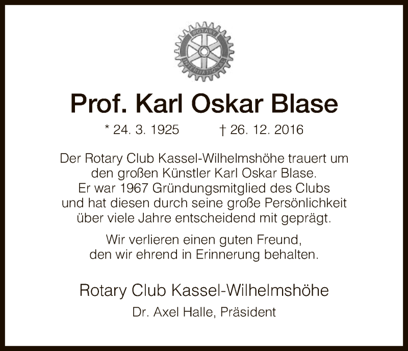  Traueranzeige für Karl Oskar Blase vom 14.01.2017 aus HNA