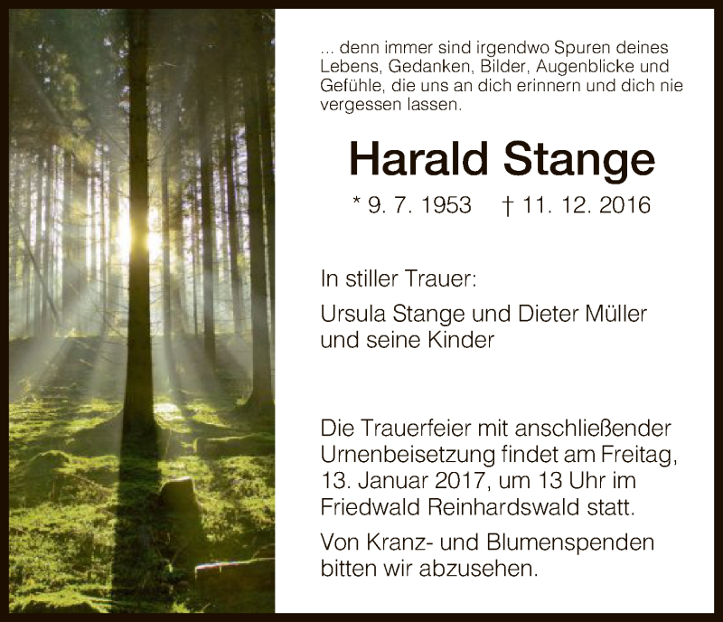  Traueranzeige für Harald Stange vom 11.01.2017 aus HNA