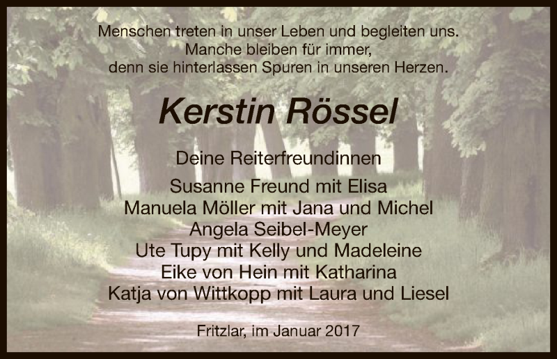  Traueranzeige für Kerstin Rössel vom 13.01.2017 aus HNA