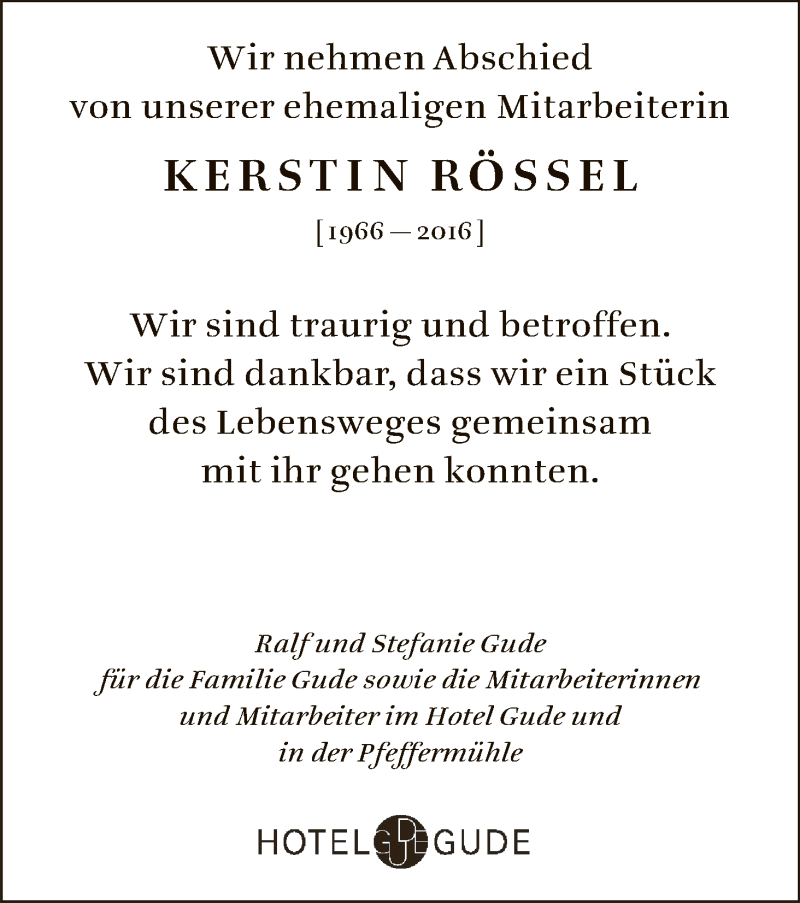  Traueranzeige für Kerstin Rössel vom 10.01.2017 aus HNA