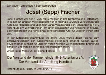 Traueranzeige von Josef Fischer von HNA