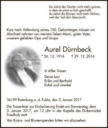 Traueranzeige von Aurel Dürnbeck von HNA