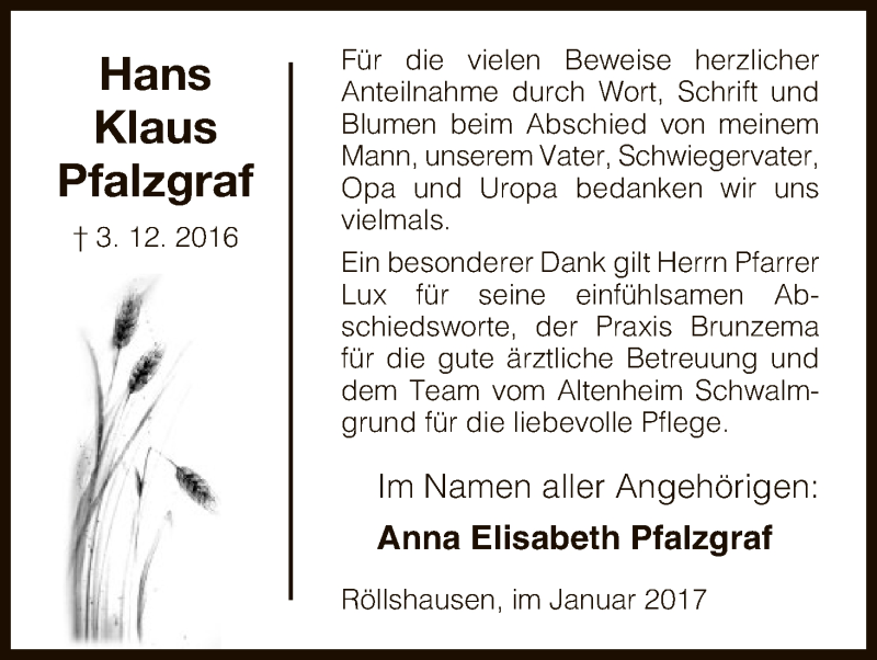  Traueranzeige für Hans Klaus Pfalzgraf vom 14.01.2017 aus HNA