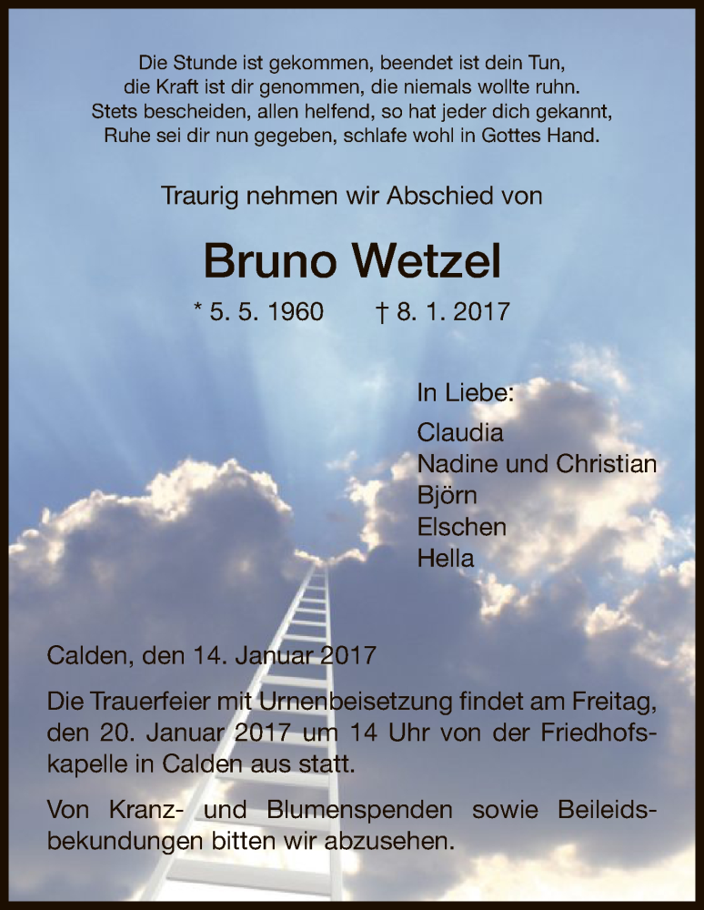  Traueranzeige für Bruno Wetzel vom 14.01.2017 aus HNA