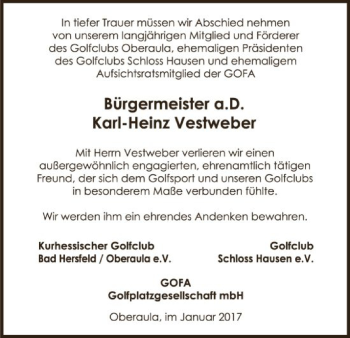 Traueranzeige von Karl-Heinz Vestweber von HNA