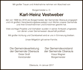 Traueranzeige von Karl-Heinz Vestweber von HNA