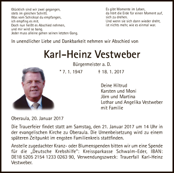 Traueranzeige von Karl-Heinz Vestweber von HNA